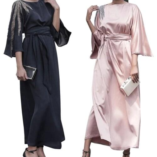 Women Muslim 3/4 Sleeve Satin Maxi Dress Embroidery Patchwork Islamic Abya Robe Belted High Waist Dubai Party Kaftan