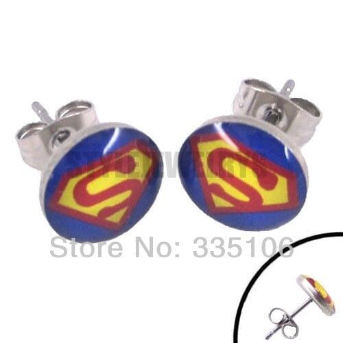 Enamel Super man Earring Body Piercing Stainless Steel Jewelry Blue Trendy Biker Earring Studs SJE370001A