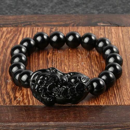Feng Shui Pi Xiu Obsidian Black Stone Beads Bracelet Men Women Wristband Gold Wealth and Good Lucky Bracelets