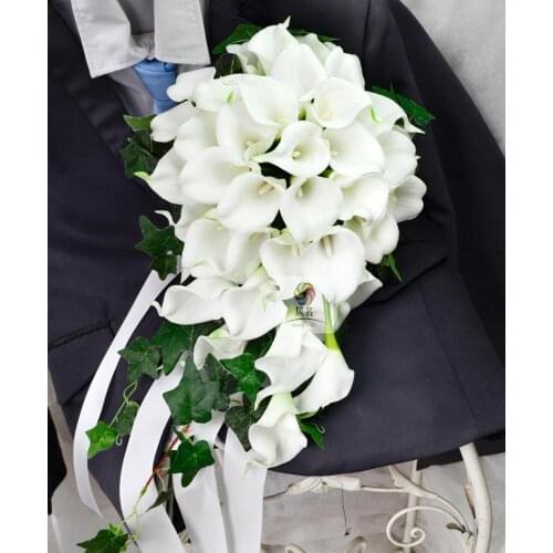 Waterfall Style Handmade Wedding Bouquets Floral Bridal Bridemaids Bouquet white PU calla lily Artificial Flowers Holding Flower