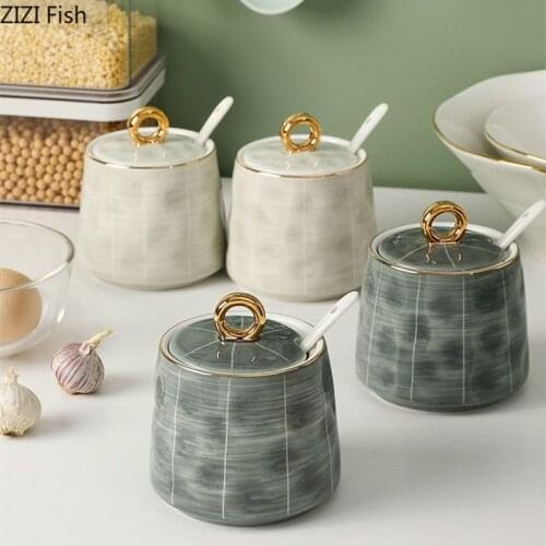 Ceramic Seasoning Pot Set Salt Sugar Spice Jar Oil Can Northern Europe Home Kitchen Condiment Storage Jar Seasoning Box Set