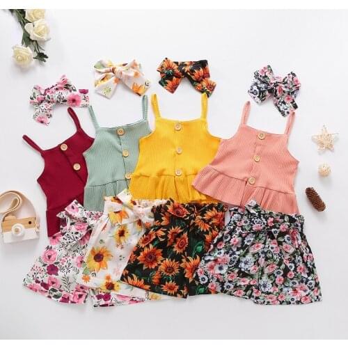 3PCS Set Kids Baby Girl Clothes Sets Flowers Print Sleeveless Button Tops High Waist Bow Shorts Headband Outfits Summer Clothes