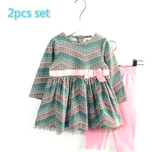 Spring Autumn Baby Girl 2pcs peacock feather pattern sets Longsleeved Dress + legging Children Clothes 9-24M