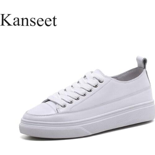 Kanseet White Sneakers Spring Autum Platform Shoes Women Flat Casual Shoes Genuine Leather Lace Up Real Leather Ladies Flats