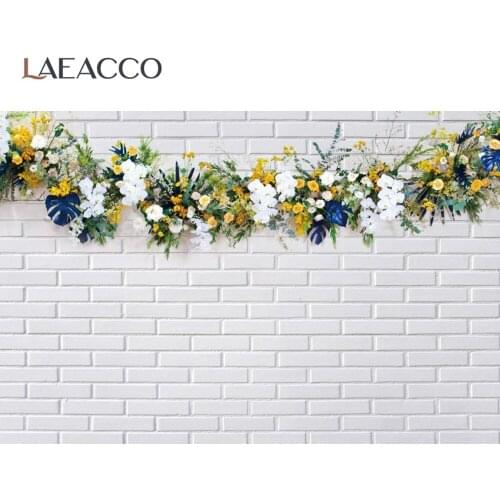 Laeacco White Brick Wall Spring Flowers Wreath Birthday Party Decor Child Portrait Photographic Background Photo Backdrops Photo