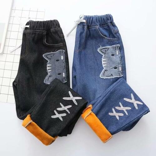 Cute Womens Autumn Winter Cashmere Denim Pants Loose Straight Trousers Elastic Waist Embroidery Daily Casual Pants