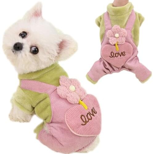 Cute Fleece Pet Cat Clothes Dog Overalls Winter Heart Pattern Hoodies Pups Coat Outfit For Clothing Jumpsuit Pajamas Chihuahua L