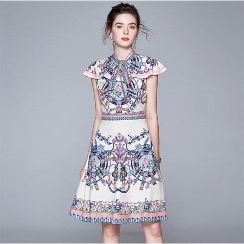 Fashion Designer Sweet Bow Tie Collar Elegant Cape Dress Women 2020 Summer Vintage Pink Printed A Line High Waist Mini Dresses