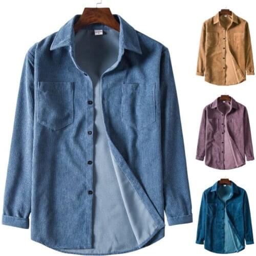 Mens Corduroy Shirt Long Sleeve Turn Down Collar Solid Color Cardigan Tops Casual Slim Thick Shirt For Spring/Fall