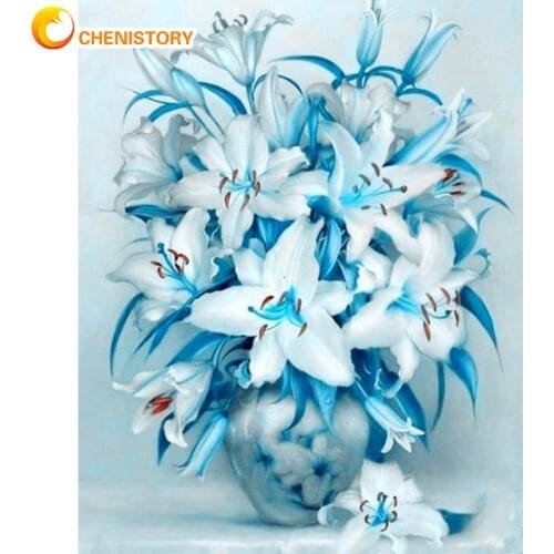 CHENISTORY Oil Painting By Numbers Kits For Adults Children Blue Flower In Vase Photo Paint Kits HandPainted 40x50cm Framed Gift