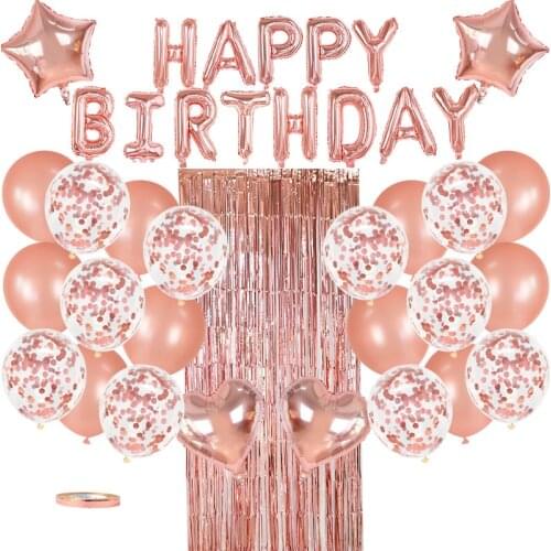 Rose Gold Birthday Decoration Set Foil Fringe Curtain Happy Birthday Letter Star Heart Shaped Ballon for Birthday Party Supplies