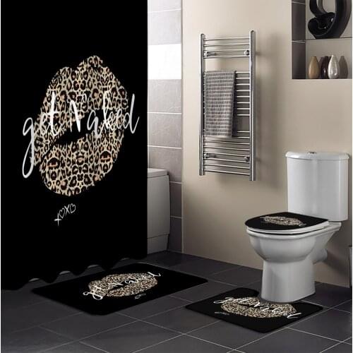 Sexy Lips Leopard Graffiti Shower Curtain Set Toilet Seat Cover Set Bathroom Decor Accessories Mat Bathroom Curtain