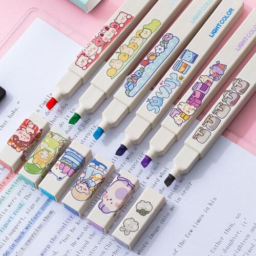 2021 New Highlighter Kawaii Cute Gel Pens 6pcs Creative Quick Drying Cap Neutral Pens Korean Stationery School Office Supplies