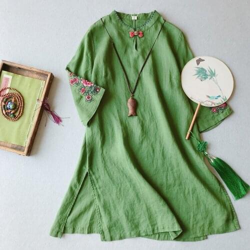 Summer New 2021 Women Dress Three Quarter Sleeve Embroidered Cotton Ramie Dress Vintage Casual Robe Female YoYiKamomo