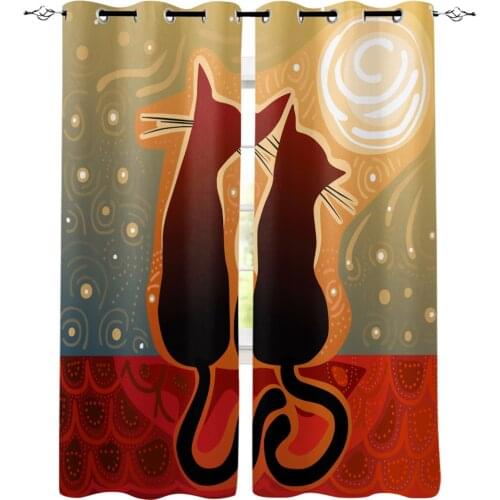 Cat Lovers Silhouette Window Curtains LivingRoom Kitchen Curtains Left and Right Biparting Open