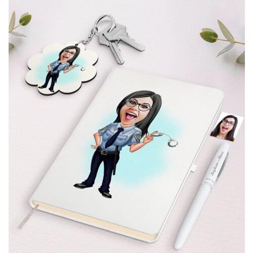 Personalized Female Police Caricature Of White Notebook pen And Keychain Gift Set Reliable Quality Gift Casual Design moment