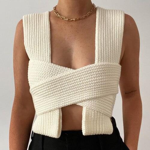 Sexy cross Crochet Knitted Wrap Over Halter Neck Crop Tops Sweaters Vintage Slim Ladies Bandage Crop Top Camisole For Women