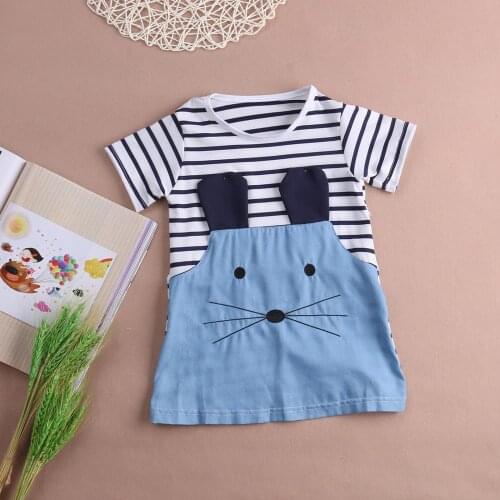 Citgeett Summer Toddler Baby Girl Kid Summer Clothes Short Sleeve Striped Patchwork Dress Party Cat Cartoon Dresses