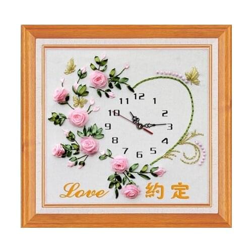 Rose flower love silk Ribbon embroidery kit Arabic numeral clock watch handcraft cross-stitch DIY handmade needlework sewing art