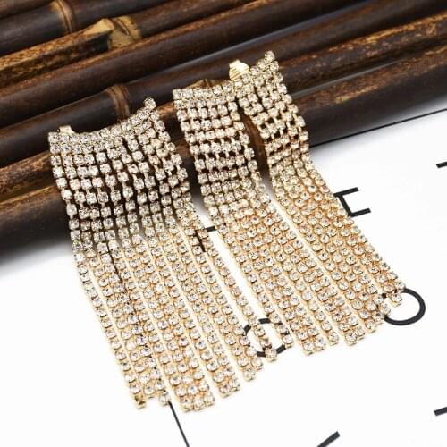 Bridal Gold Long Tassel Earrings for Women Rhinestone Dangle Earrings Evening Dinner Party Show Wedding Prom oorbellen Jewelry
