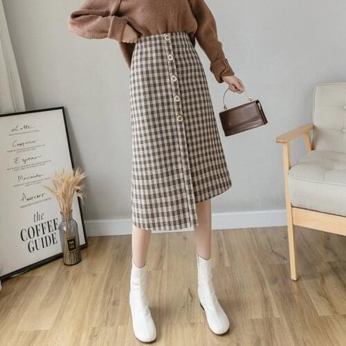 Woolen Plaid Long Winter Skirt Women Autumn Winter High Waist Slim Irregular Skirtr Woman Vintage Warm Thick Long Skirts Women