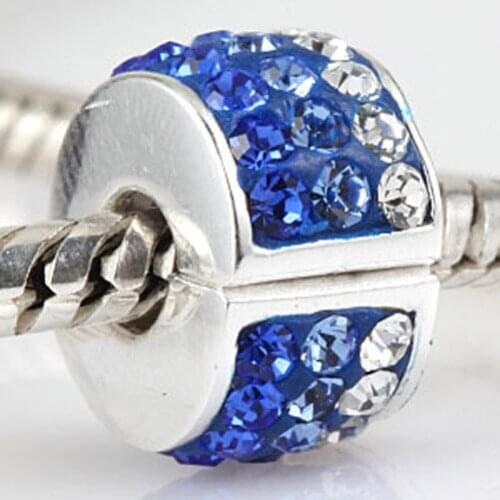 Blue White Red 3 Colors Austrian Crystal Rhinestones Pave 925 Sterling Silver Lock Clip European Charm Stopper Beads SCSB024