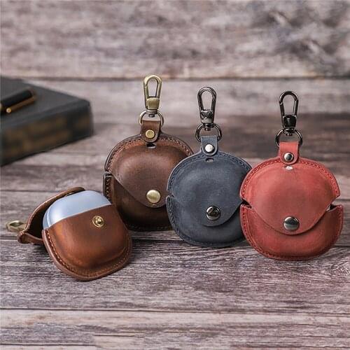 Crazy Horse Cowhide Leather Storage Bag Protective Cover Storage Pouch Earphone Shell Case for Samsung Galaxy Buds Pro Headset