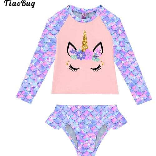 TiaoBug 2Pcs Kids Girls Fish Scales Print Swimming Suit Round Neck Long Sleeves Cartoon Horse Print Tops And Briefs Set Swimwear