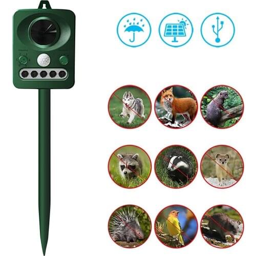Ultrasonic Animal Repeller with Flashing LED Light Solar Outdoor Waterproof USB Electronic Animal Repeller for Foxes Mice Birds