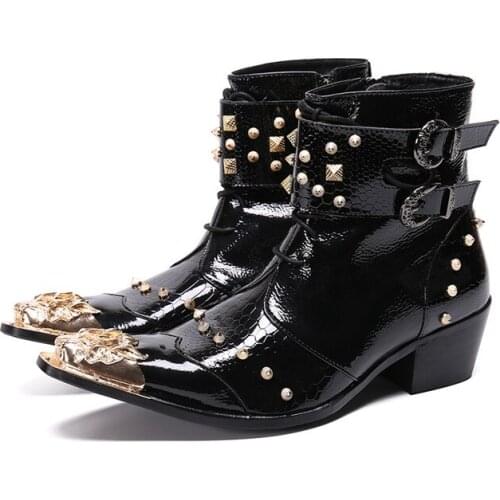 Waterproof Boots Men 6Cm Square Heel Metal Toe Men Work Shoes Rivets Spiked Double Buckle Straps Zipper Mens Winter Footwear New