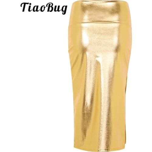 TiaoBug Women Shiny Metallic Holographic High Waist Side Split Bodycon Midi Pencil Skirt Night Club Party Festival Rave Costume