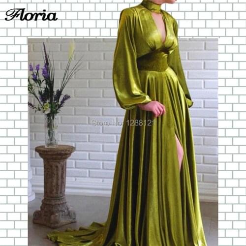 Green Velvet Chic Evening Dresses Formal Gown Robe De Soiree 2020 Couture Islamic V Neck Prom Dress High Split Side Arabic Party
