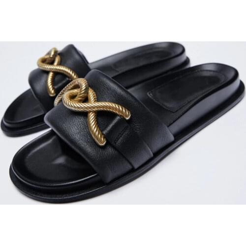 ZAR Brand Slippers Women Summer Luxury 2021 New Fashion Round Toe Metal Button Flat-Heeled Sandals Plus Size 41 Chaussure Femme