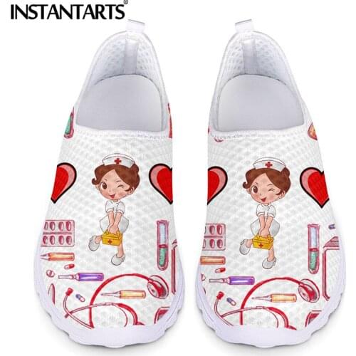 INSTANTARTS Pretty Cartoon Nurse Girls With Medical Supplies Pattern Girls Flat Shoes Breathable Air Mesh Sneakers for Women Hot