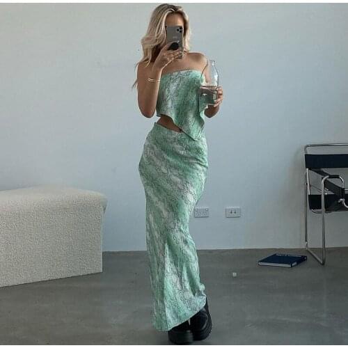 Women print strapless crop top high waist elastic skinny long skirts two pieces set female fashion outfit woman clothes summer