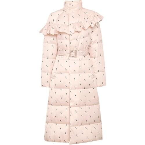 Vintage printed Lantern Sleeve Turtleneck Down Coat Winter Women Slim Long Duck Down Jacket plus size