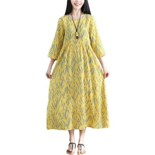 Ethnic Boho Dress Women Cotton Linen Dress Floral A-Line Three Quarter Sleeves female 2019 Spring Maxi Long Dress Oversized Q371