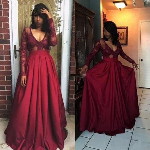 Sexy V-neck Burgundy A-line Prom Gown Fashion Long Sleeves Top Lace Wedding Party Dress