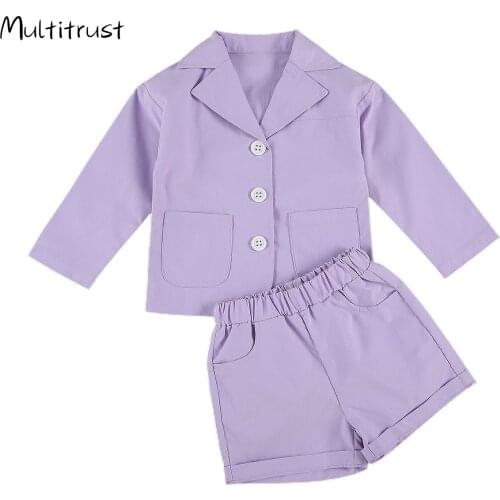 Toddler Kid Girls Clothes Girl Blazer Outfits 2020 Purple Lapel Buttons Blazer Coat + Short Pant 2pcs Suits Sets 2-6Y