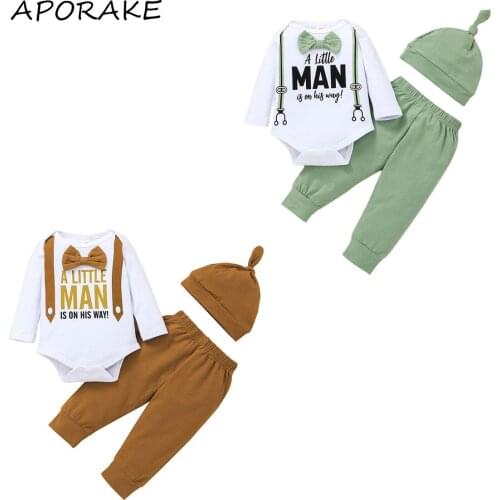 2021 0-24M Baby Boy Clothes Bow-tie Unique Letter Long Sleeve Romper and Solid Color Long Pants with Hat Casual Autumn 3pcs