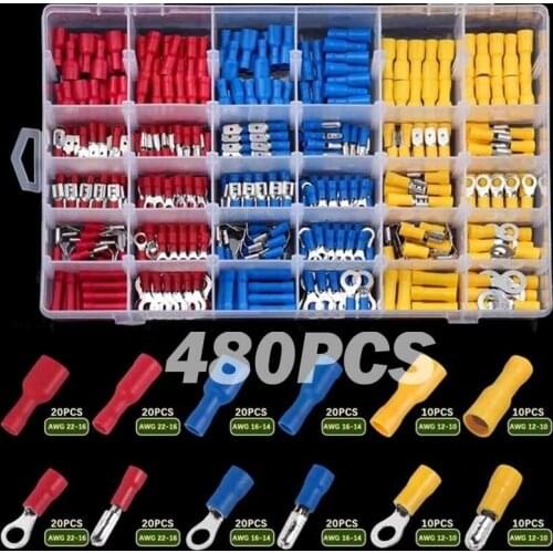 480Pcs Insulated Terminals Electrical Crimp Connector Crimp Terminals SetButt Spade Ring Fork Set
