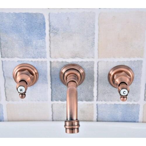 Antique Red Copper Double Handle Wall Mounted Three Hole Widespread Bathroom Lavatory Vessel Basin Faucet Sink Mixer Tap dsf522