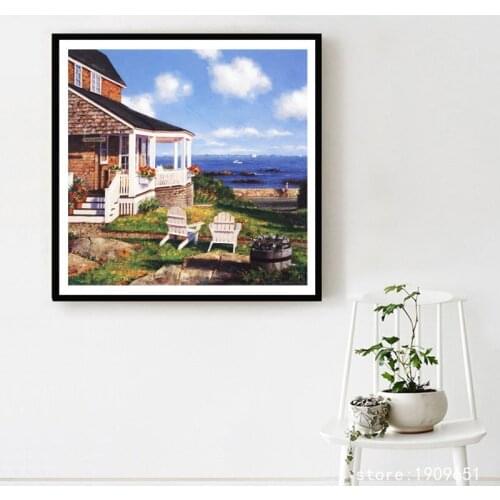 No frame Mediterranean sea house blue sky landscape canvas printings oil painting printed on cotton wall art decoration pictures