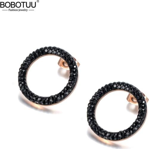 BOBOTUU Stainless Steel Jewelry White/Black Clay Cystal Earrings Rose Gold Color Round Shape Christmas Gift Pendientes BE18455