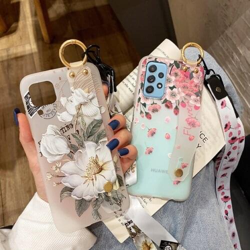 3D Floral Wristband Phone Case For Samsung A32 A12 A52 A72 A51 A71 A31 A10 A20 A30 A70 A50 Soft Girly Holder Cover With Lanyard