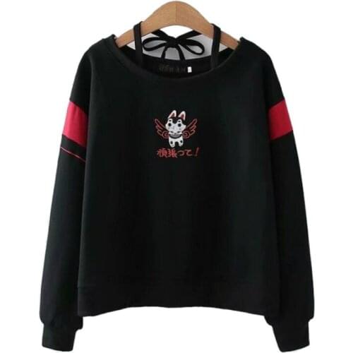 Black Harajuku Cartoon Print Casual Oversize Hoodies Sweatshirt Women 2021 Autumn Long Sleeve O-neck Sweet Style Girly Cute Top