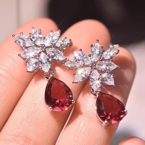 Like Flowers Blossoming Stud Earrings Cubic Zircon Girl Brincos White Gold-Color Jewelry For Women Wedding Gift Pear Shape