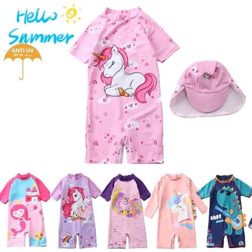Swimwear Child with Hat Unicorn Mermaid Print Kids Bathing Suits Swimsuit for Girls Summer Toddler Baby Boy Girl UV Beach Wear