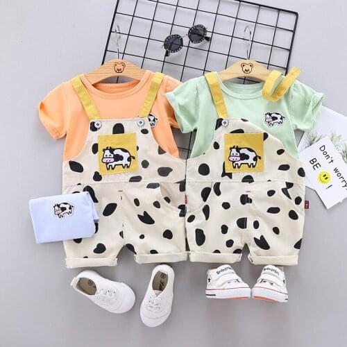 Summer Baby Girls Active Sets Infant Cotton Cartoon Cow Short Sleeve Top Bib Pants 2PCS Kids Cute Clothing Suit Baby Boy Outfit
