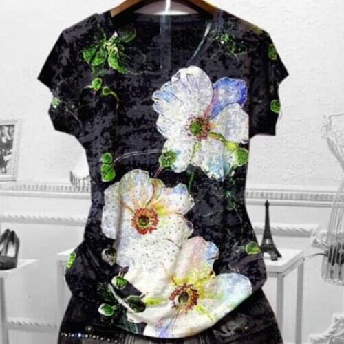 Fashion hot drilling rose double print t shirt women new arrival short sleeve silk cotton m-4XL